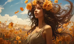a woman with a large flower crown standing in a field of yellow flowers