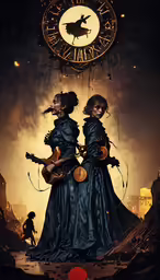 two women standing together, with a dark background