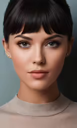 a woman with dark hair wearing makeup and looking straight ahead