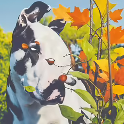 a white and black horse with orange leaves around its neck