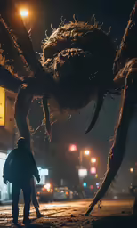 a person walks along the street at night in front of an upside down tree