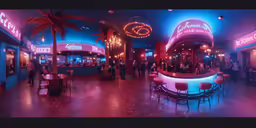 some chairs tables lights and some pink neon