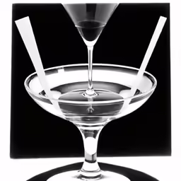 a martini glass with two sticks sticking out of the rim