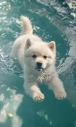 a dog is swimming in a pool with his head above the water