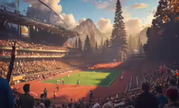 an overview of a stadium at sunset with people standing and playing baseball