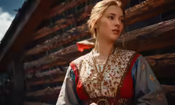 the woman is wearing a red and blue dress