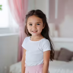 a young girl posing for a picture in her bedroom