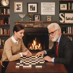 two people sitting at a table playing chess