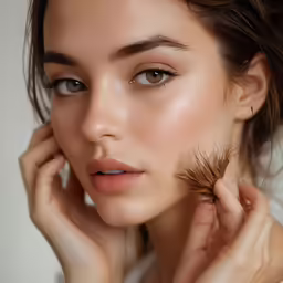 the model is holding a brush with her face