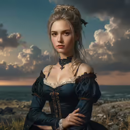 a woman in a black dress poses in front of a rocky coast