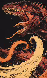 an orange drawing of a godzilla fighting over a wave