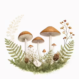 an illustration of mushrooms and ferns with leaves