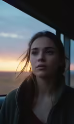 woman standing looking into camera at dusk in open field