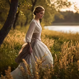 a woman in a dress walks through tall grass by water