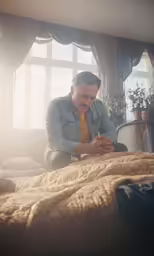 a man in bed and a yellow tie