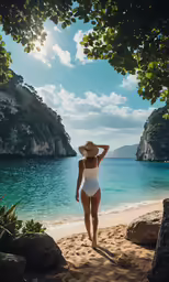 a girl in a white bathing suit standing on the beach