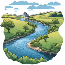 a hand - drawn landscape of a river