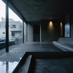 the outside of an empty parking garage with large windows
