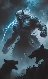 two different dogs near one another with a bear and a wolf in front