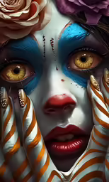 there is a person with makeup painted and flowers