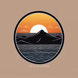 the logo for mountain music company is seen in this illustration,an orange sunset over the ocean with a mountain in the distance