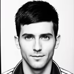 a man with a black and white jacket is looking at the camera