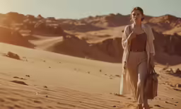 a woman wearing a long skirt and coat walks in the desert