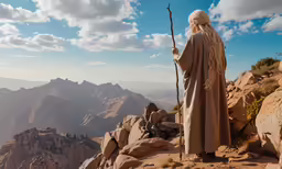 a man in a robe standing on a mountain top holding a stick