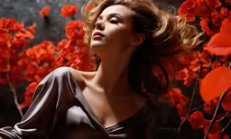 woman standing with orange flowers behind her