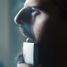 the man has his nose partially covered by the frosted glass