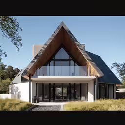 a large house with a sloping roof has three story