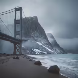 a bridge crossing over a frozen lake under a cloudy sky
