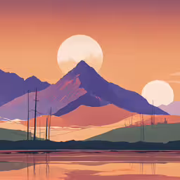 a digital painting with mountains and mountains in the background,a very beautiful scene with some trees in it