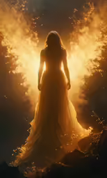 a woman in a dress standing under light