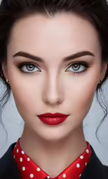 a close up image of a woman wearing a red bow tie