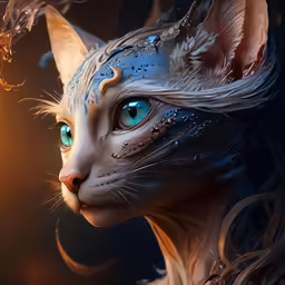 a beautiful cat with blue eyes and feathers