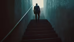 a man walks down stairs in an empty city