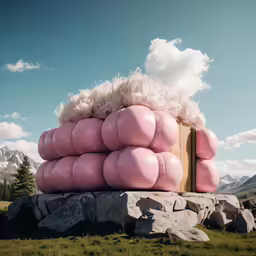 a large sculpture made out of pink and white balloons