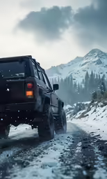 the truck is driving down a road with snow all around