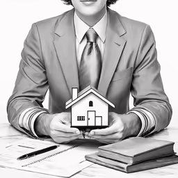 a businessman holding up a small model house