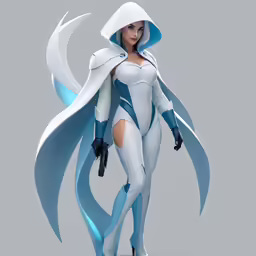 a woman dressed in white and blue with a hoodie and gloves