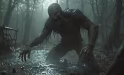 a large creature with bloody arms running through a forest