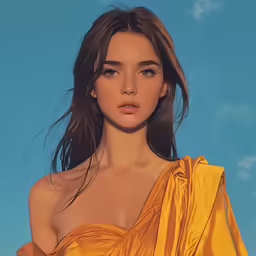 the beautiful girl poses for a photo wearing an orange dress