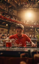 there is a young man in a red shirt looking at a sandwich