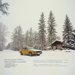 a car parked on the snowy ground beside pine trees