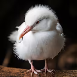 a little white bird with long legs and orange beak is on a tree branch