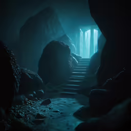 there is a dark cave with steps leading up to the entrance