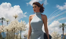 a woman in a short dress and a black handbag walking with her legs crossed