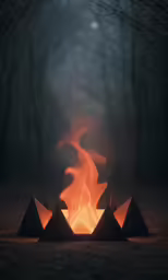 the dark woods are filled with tall, thin fire