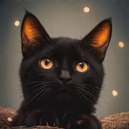 a black cat looks up while sitting on a rock